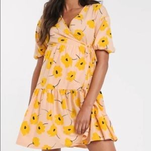 Pink and yellow floral wrap dress- maternity